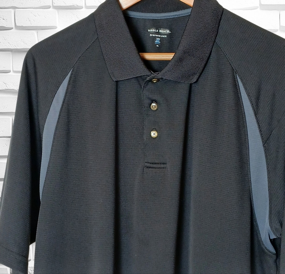 Men's Pebble Beach Performance Polo Shirt, Size XL, Black w/ Blue Accents, Poly